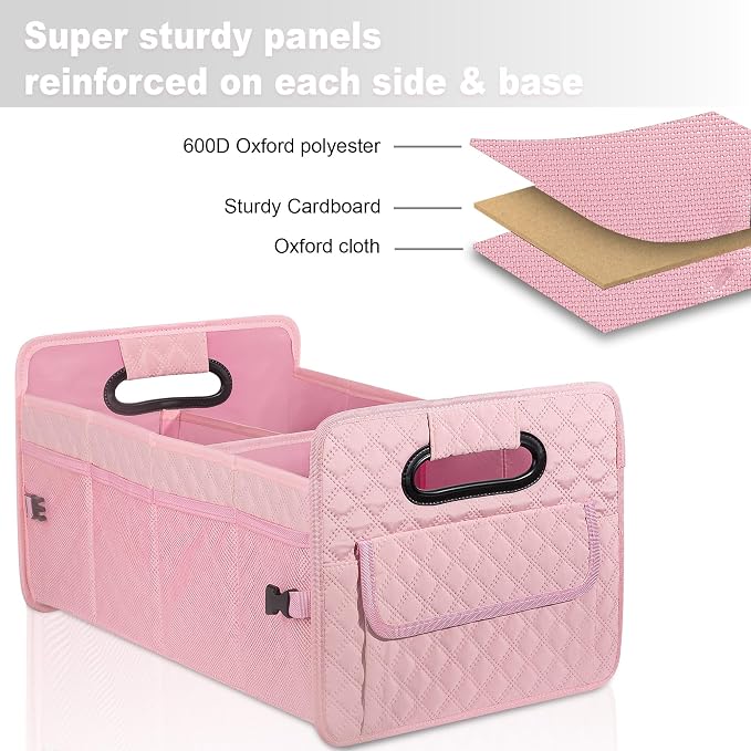 Car Trunk Organizer for SUV, Collapsible Car Storage Organizer Large Pink | Sturdy, Strong Capacity, Diamond Decor, Multi Compartment Container Box Adjustable Car Accessories for Sedan Truck