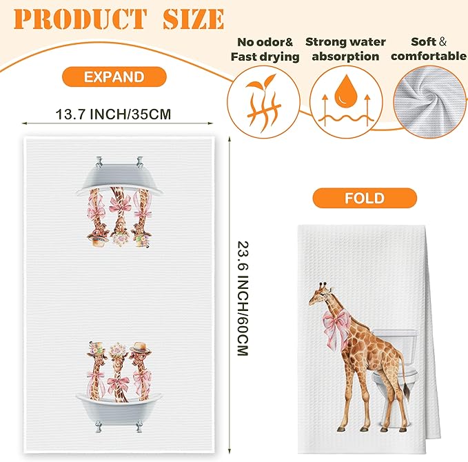 Bath Towels Set of 2, Giraffe Dish Towel for Bathroom Spa Washroom, Pink Bow Fast Drying Decorative Hand Towels, Funny Housewarming for Giraffe Lovers Women Mom -04