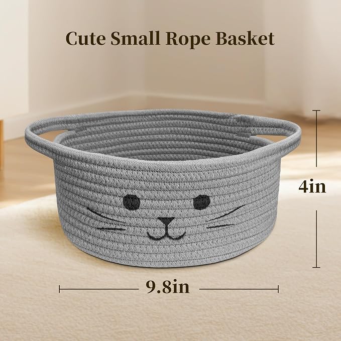 Small Cat Toy Basket, Gift Baskets Empty for Baby Shower,9.8" x 4" | Boo basket Cute Woven Rope Storage Basket for Home Decor, Baby Baskets for Nursery, Cat Pet toy box, Grey