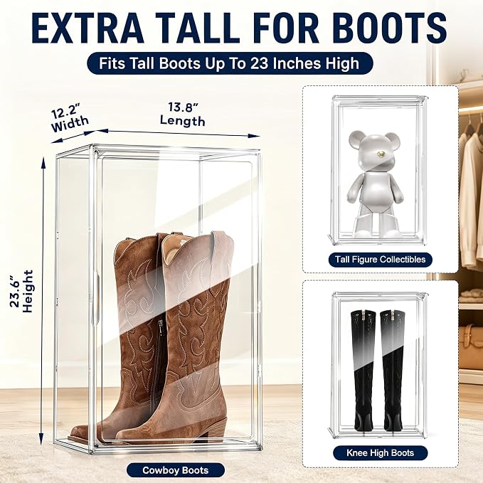 Boot Organizer for Extra Tall Boots, 23.6'' Stackable Acrylic Display Case | Clear magnetic door.Keep tall boots upright.Ideal for knee-high and riding boots,fashion boots,tall collectible,1 Pack