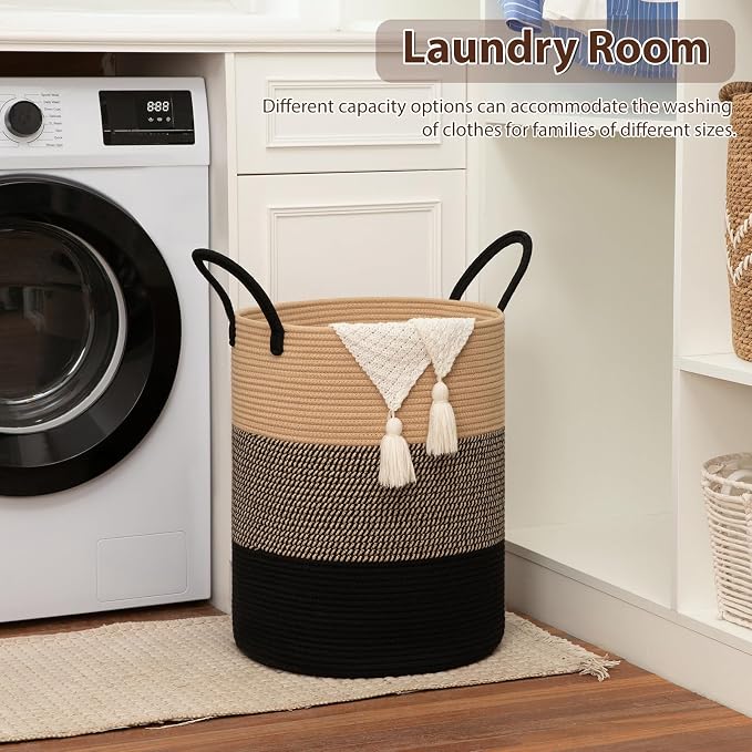 OIAHOMY 100L Nursery Hamper Laundry Basket Laundry Hamper Yellow/Black | collapsible Blanket Basket Cotton Rope Woven Basket Dirty Clothes Hamper Baby Hamper Tall Clothes Hamper with Handles