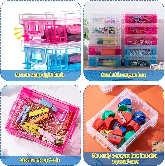 Suzile 50 Pcs Plastic Crayon Box with Lid 4.8 x 3.4 x 1.6, Clear,Red,Blue | Small Crayon Storage Containers Bulk, for Office School Classroom, Art Crafts Pen Pencil Organizers, Back to School Supplies
