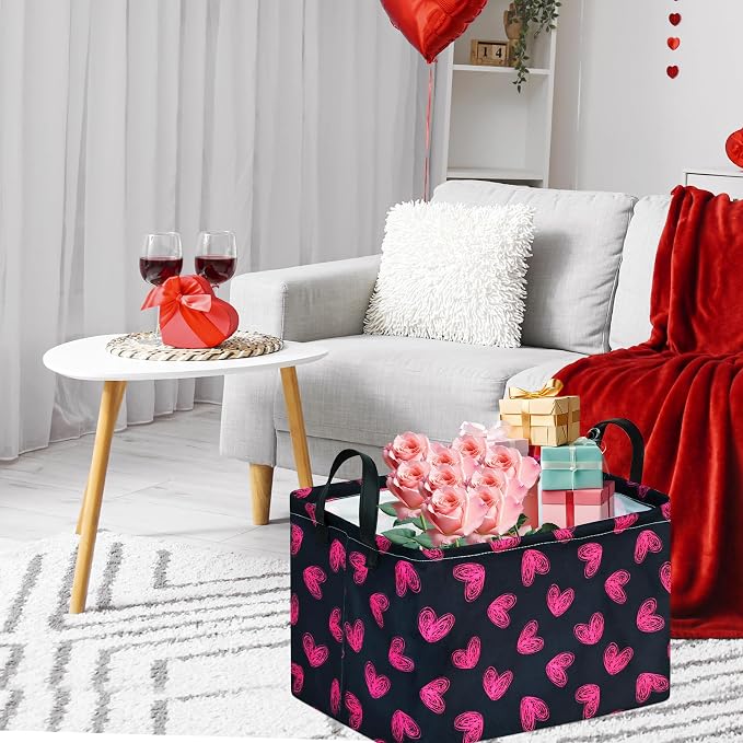 Rectangular Valentines Basket Storage Bin for Shelves Girls Gifts Baskets Foldable Box with Handles for Home Office Car Dormroom Valentine's Day Party Supplies