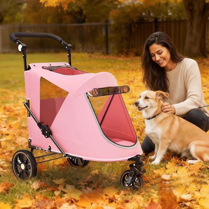 Magshion 3-Wheel Foldable Dog Jogger with Adjustable Handle, Pink | Pet Stroller for Medium Larges, All-Terrain Wheels, Dual Entry, Rear Storage, Breathable Mesh, Up to 55 lbs