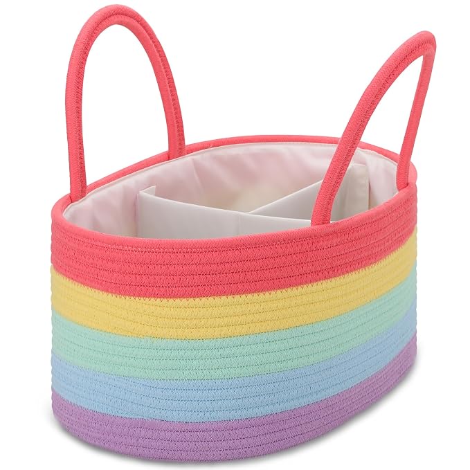 COMSE Large Cotton Rope Baby Diaper Caddy Organizer with Handles, Rainbow