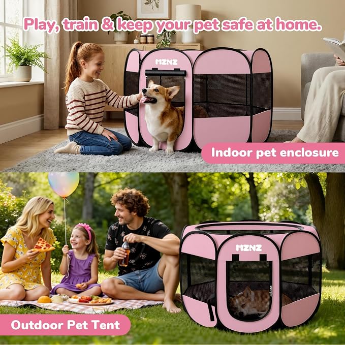 Dog Cat Small Animal Puppy Playpen Crate, Medium, Whole Pink | Portable Pop Up Pet Cage Enclosure Tent Kennel Indoor Outdoor with Carrying Case, No Assembly, Camping Use