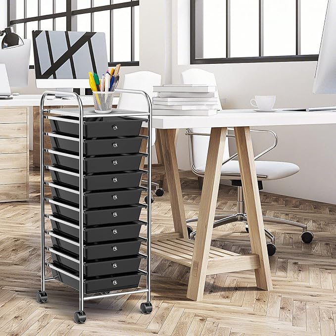10 Drawer Rolling Storage Cart, Organization Cart with Drawers for Craft Makeup Paper Tool Art Supply, Versatile Utility Cart on Wheels for Home Office Classroom School (Black)
