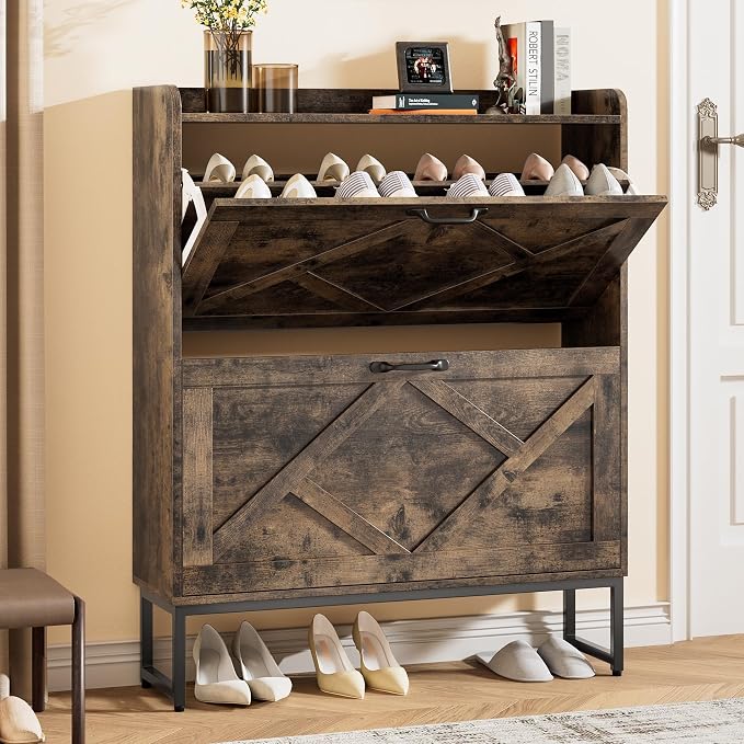 Shoe Cabinet with 2 Flip Drawers, Entryway Organizer, Chestnut | Slim Wood Shoe Rack with Metal Legs, Farmhouse Shoe Cabinet Storage for Entryway, Foyer, Hallway, Shoe Dresser with Hook