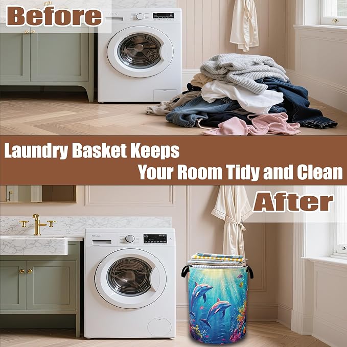 Dolphin Ocean Floating Laundry Basket,Waterproof Foldable Laundry Hamper,Dirty Clothes Basket, Linen Bin Storage Organizer Collection 16" x 20.8"