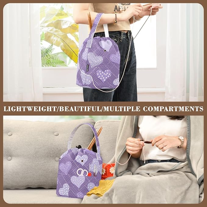 Tatenale Crochet Bag Yarn Bag Knitting Project Bag with Pockets and Handle Portable Yarn Storage Organizer Tangle Free 8.3x11 Inch Lavender Romantic Hearts Valentines Gifts