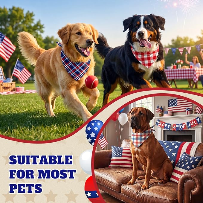 Abbylike 50 Pcs Red White and Blue Plaid Dog Bandanas Bulk Patriotic Gingham Bandana for Dogs Triangle Kerchief Bib Scarf for Pet Veterans Day Thank You Veterans Party Costume, 25 Styles, Medium