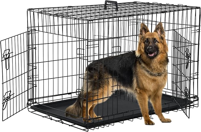 Foldable Dog Cage - 42 Inch Kennel, Double Door w/Leak-Proof Tray, Collapsible Metal Cage for Medium Dogs, Indoor Use