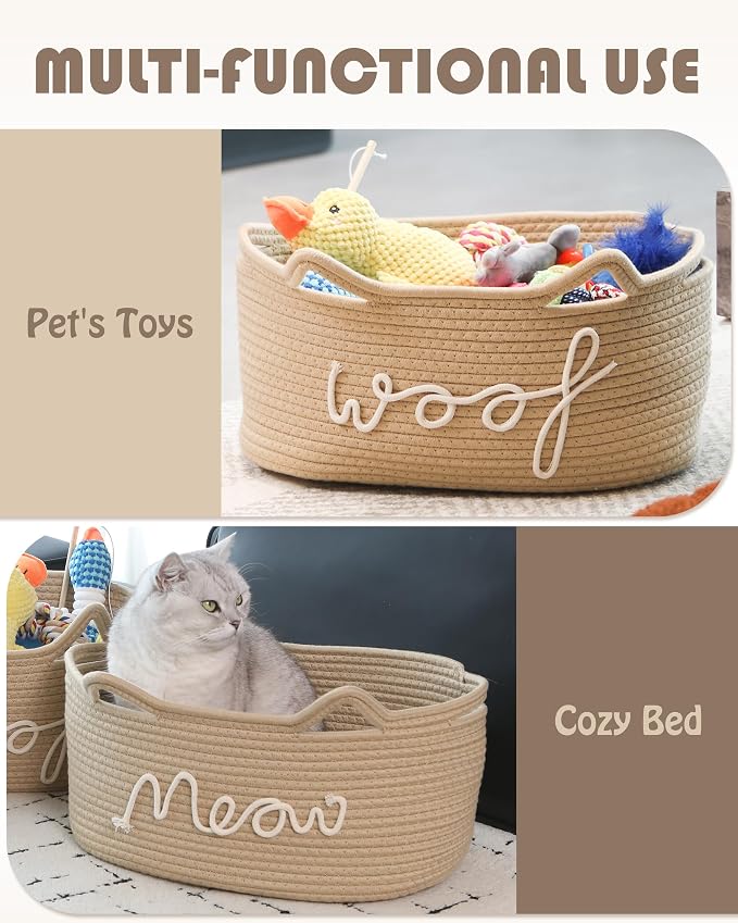 Sea Team Dog Toy Storage Basket with Handles and Ears, Beige Woof | Large Cotton Rope Storage Bin, Shelf Basket, Organizer for Pet Chew Toys, Foods, 16.5 x 11 x 7 Inches, 4.4 Gallons
