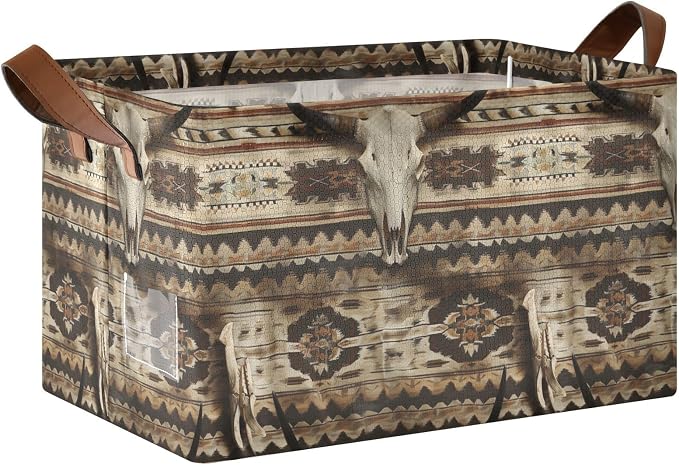 Rustic Western Bull Skull Storage Bins for Shelves with Labels&Handles Fabric Organizer Bin Foldable Rectangle Storage Basket Boxes for Closet, Bathroom, Home, Living Room