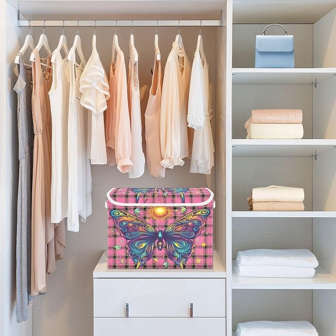 Fabric Storage Bins with Lid Butterfly Closet Bedroom 40L Storage Basket | Decorative Storage Boxes, 300D Oxford Cloth, Hollow Board Frame, Flip Top Velcro Lid, 16.5x12.6x11.8 inch, Collapsible Design
