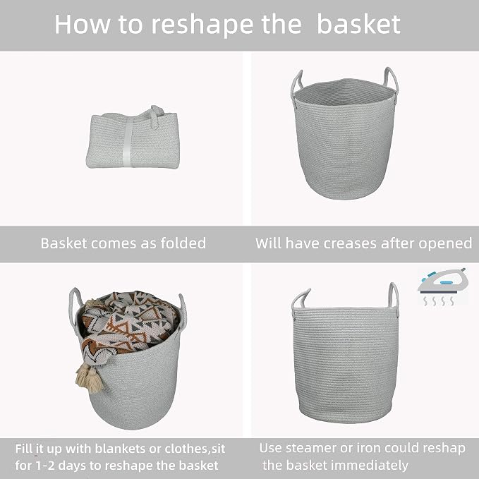 XUANGUO Cotton Rope Laundry Basket Hamper for Clothes Large Light Grey | Baby Nursery Hamper Bin and Woven Storage Basket for Living Room Bedroom Boho Tall Rope Baskets Blankets Toys Pillows Towels