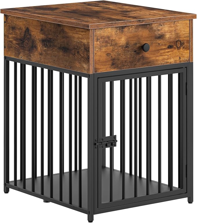 HOOBRO Dog Crate Furniture, Wooden Dog House, Decorative Dog Kennel with Drawer, Indoor Pet Crate End Table for Small Dog, Steel-Tube Puppy Cage, Chew-Proof, Rustic Brown and Black BF01GW03