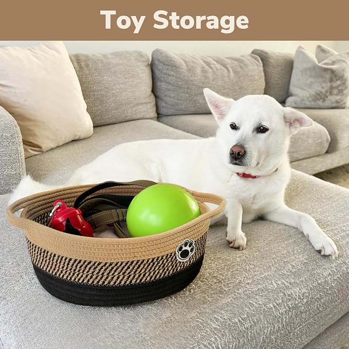 Woven Rope Dog Toy Basket with Paw Print, Black Brown | 12"x 8" x 5" Small Dog Toy Bin & Box with Handles, Fits Living Room Bedroom Nursery Organization, Gift Basket Empty for Pets