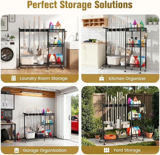 Broom Holder with Cleaning Supplies Organizer, Cleaning Utility Cart on Wheels, 10 Clips & 7 Hooks, 3-Tier Shelves, Broom Closet Storage Cabinet with Cleaning Caddy for Home Commercial Use