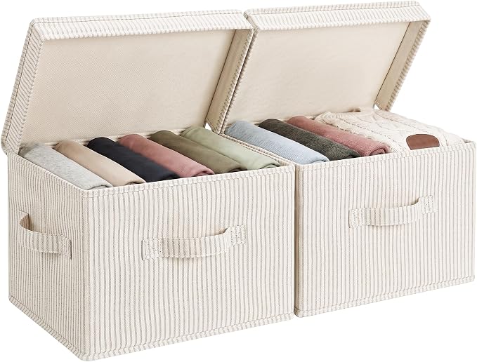 StorageWorks Fabric Storage Bins with Lids, Closet Storage Bins | Flip-Top Lid, 3 Handles, Collapsible, Stackable, for Clothes Blankets, Multi-Purpose, Medium, Khaki and Beige Stripes, 2-Pack