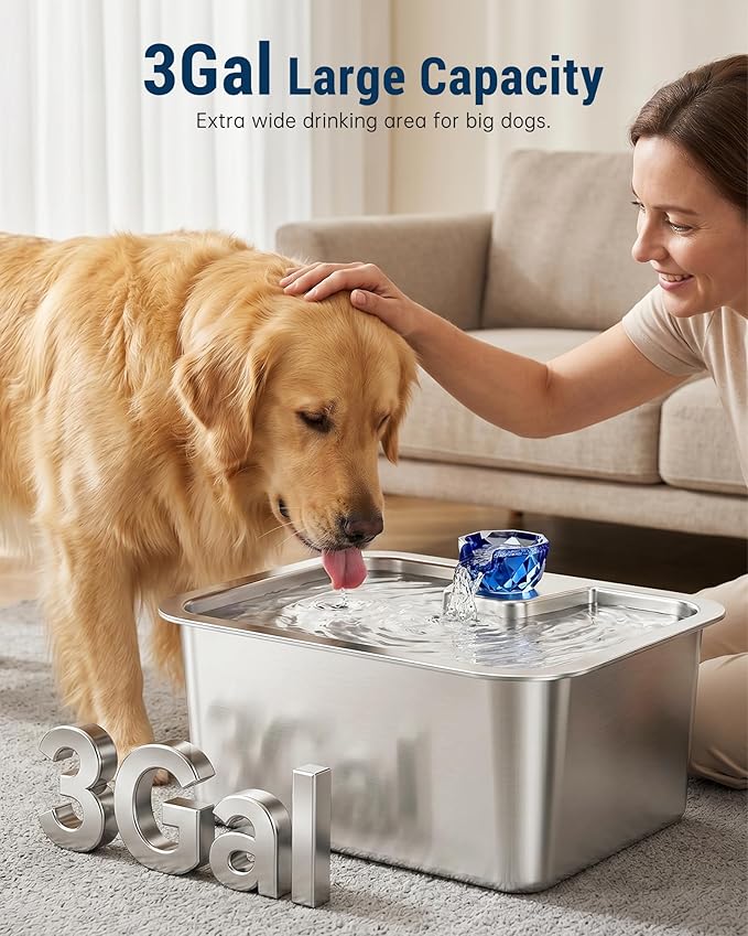 Stainless Steel Dog Water Fountain, 3 Gallon Extra Large Pet Fountains for Large Dogs, Great Dane Waterer Automatic Dog Bowl Dispenser,Filter Drinking Bowls for Multi Pets, Easy to Clean, Quiet Pump