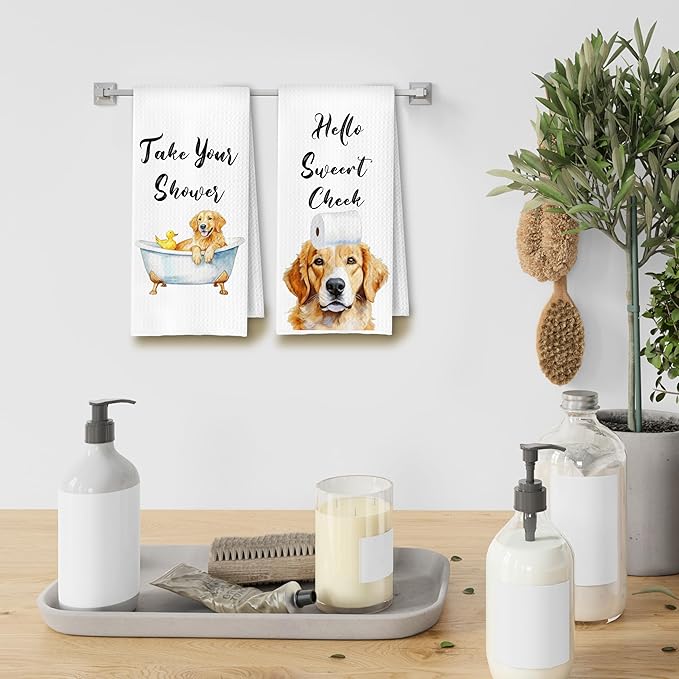 Funny Golden Retriever Hand Towels for Bathroom Washroom, Dog Bathroom Decor, Gifts for Golden Retriever Lovers, Humorous Dog Hand Towels, 16x24 Inch Set of 4