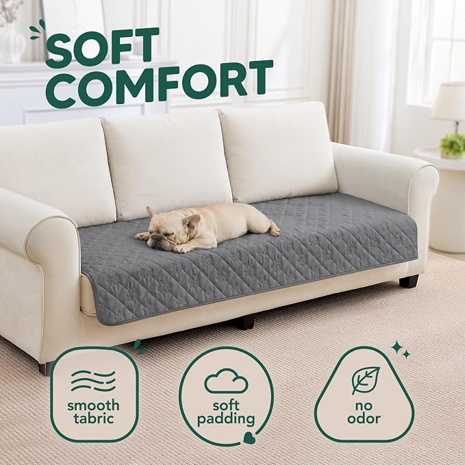 PAWFINITY Waterproof Couch Covers for Dogs, Pet Blanket for Sofa Washable | Paw Print Quilted, Hair Resistant, Anti Cat Scratch, Pee Proof Furniture Protector for 3 Seat Sofa and Bed, 30x70 Inch, Grey