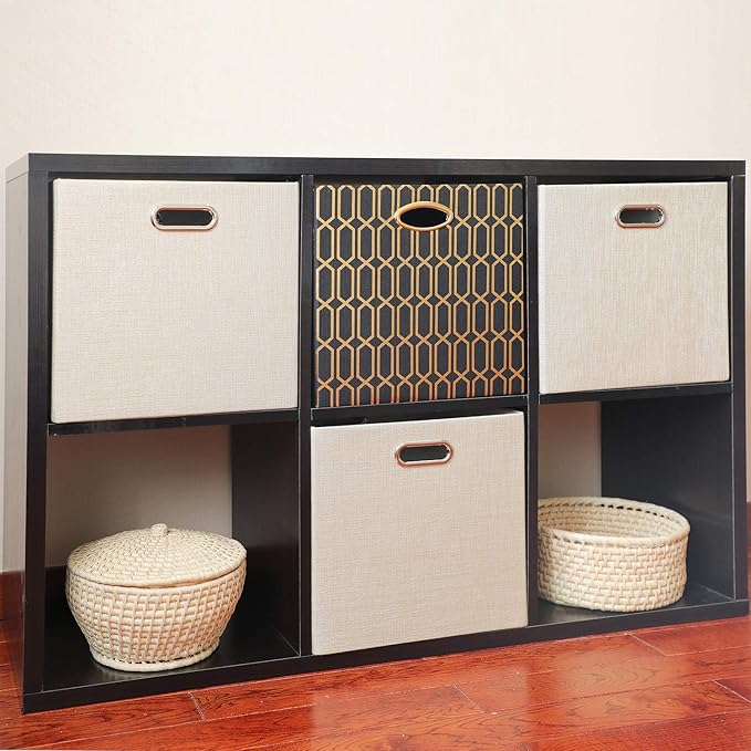 Posprica Storage Bins, Storage Cubes,13×13 Fabric Drawers Organizer Basket Boxes Containers (13×13×13/4pcs, Black/gold geometry Pattern)