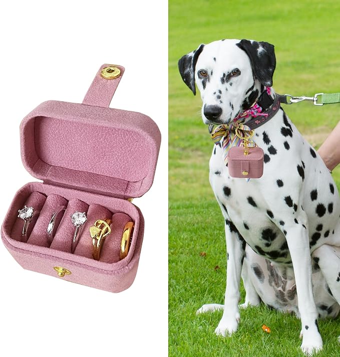 Small Wedding Ring Bearer Pillow Box for Dog Collar, Velvet Travel Mini Jewelry Holder Pouch Bridesmaid Gifts , Multi-Slots Earrings Storage Case for Women Girls, Pocket Size Necklaces Organizer(Pink)
