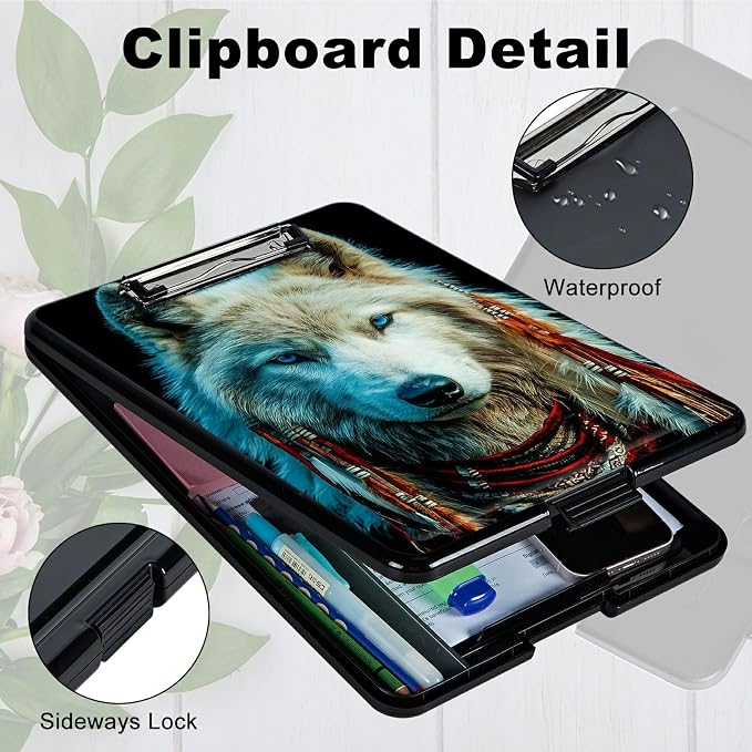 Heavy Duty Storage Clipboard, Slim Nursing Clipboard with Internal Pen Case, Portable File Organizer Case for A4 Letter Size Paper Office Medical Professionals, White Wolf Feathers