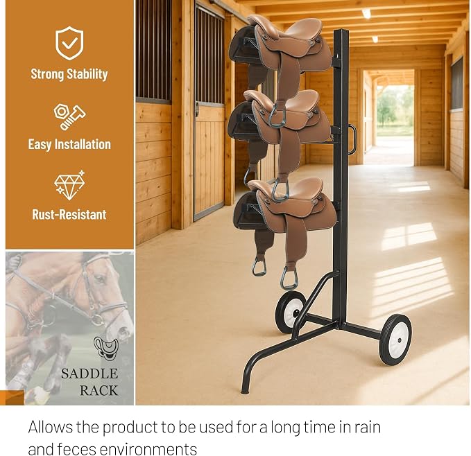 3 Tier Saddle Rack, Rolling Saddle Stand Cart with Wheel, | Heavy-Duty Rotatable Saddle Stand for English and Western Style Saddle Pad Rack, Portable Horse Tack Storage