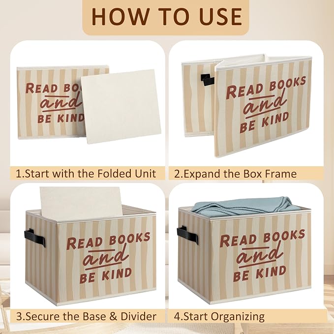 Kids Classroom Book Foldable Storage Bins Box with Handles, Read Books and Be Kind Decorative Storage Boxes Baskets Toybox Organizer for Library Reading Room Classroom Kids Room Bedroom