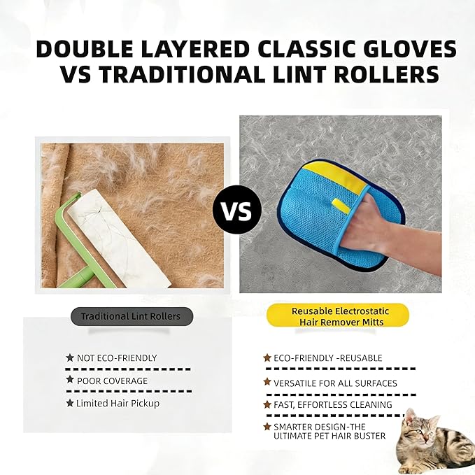 2-Pack Pet Hair Removal Gloves for Cats & Dogs, Reusable Electrostatic Pet Hair Remover Gloves for Furniture, Couch, Clothing & Car Seats