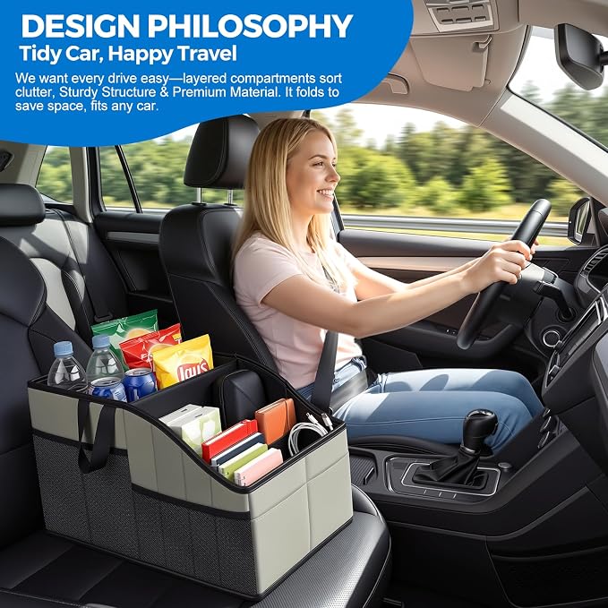 WHHMK Sturdy Leather Car Storage Support Up to 33 LB of Weight, Grey | Car Backseat Organizers, Front Seat Organizer, Floor Organizer and Storage Used for SUV Truck Toy Snack Water Bottle Holder
