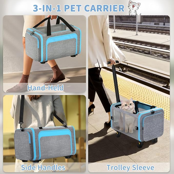 Airline Pet Carrier with Wheels, 18x11x11 for Cats & Toy Dogs | Soft-sided nylon under-seat bag, removable wheels, expandable mesh, cats & toy-breed dogs, measure pet before buying