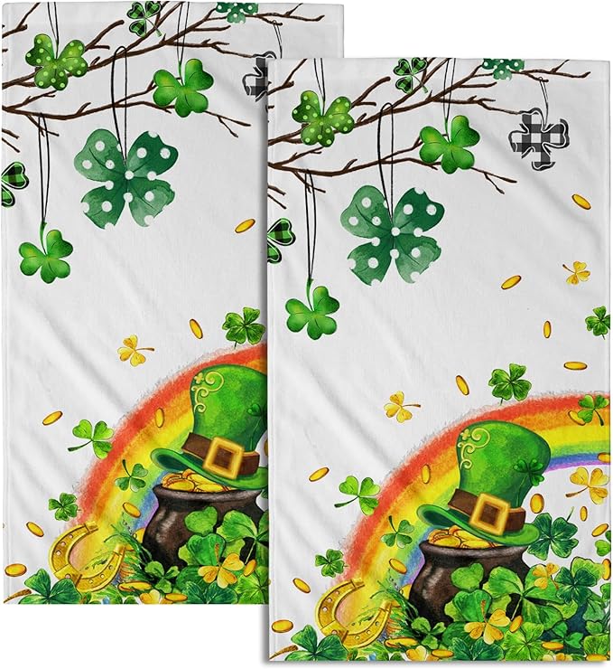 Giwawa Patrick Decorative Hand Towels- Lucky Clover Elf Hat Rainbow Towel Set of 2- Spring Shamrocks Leaf Face Towel Absorbent Dish Wash Cloth for Hotel Bathroom Gym Guest Home Holiday