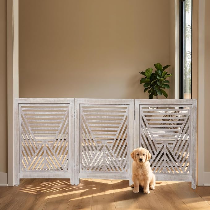 Lightnpro 3-Panel Carved Wooden Dog Gate – 54 Inch Foldable Freestanding Pet Barrier, White Wash Indoor Safety Fence for Small Dogs & Puppies – 24x18 Inch Panels