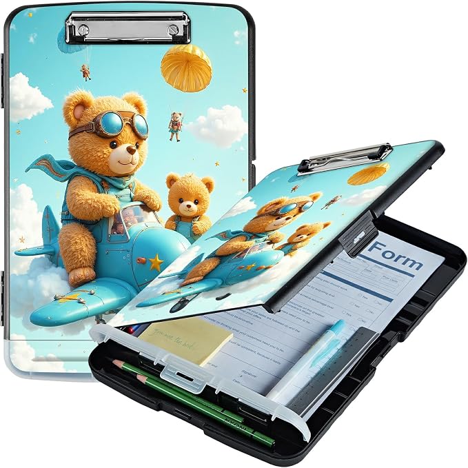 A4 Clipboard with Storage Pen Holder, Clipboards Organizer Nursing Clipboard Foldable File Folder Plastic Clipboard Folio Clip Board for Office Work Classroom Doctor, Airplane Bear