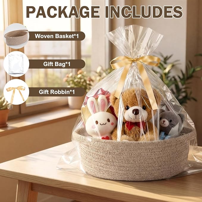 Basket for Gifts Empty, Small Woven Basket with Bags and Ribbons, Baby Toy Small Baskets with Handles, Wicker Storage Bin for Baby Showers or Pet Toy, Light_Brown, 1 Pack, (12"x 8"x 3.74")