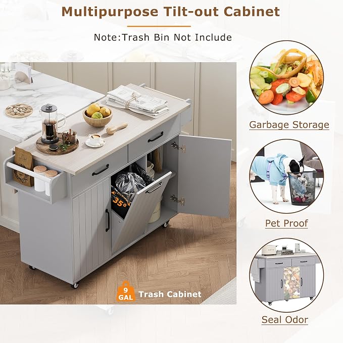 51" Rolling Kitchen Island with Storage - Kitchen Island on Wheels with Trash Can and Drop Leaf, Farmhouse Movable Kitchen Storage Islands & Carts with Towel Rack, Spice Rack, Grey