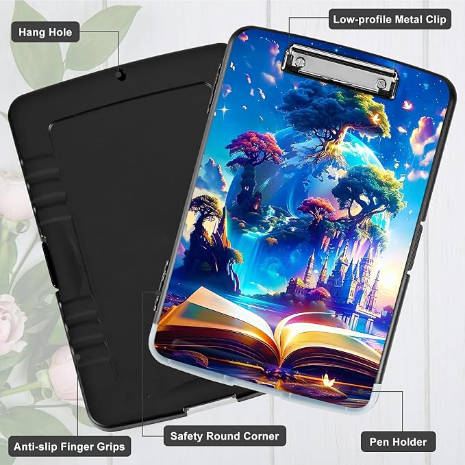 Book Trees A4 Clipboard with Storage Pen Holder, Clipboards Organizer Nursing Clipboard Foldable File Folder Plastic Clipboard Folio Clip Board for Office Students Classroom Doctor