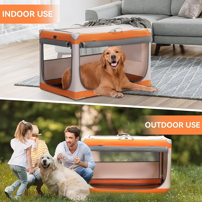 36" Collapsible Dog Crate for Large Dogs - Portable Soft Travel Kennel with Lockable Zippers, Waterproof Base, Washable Cover, Patented Screw Frame for Adjustable Tension, Outdoor, Indoor, Car Use