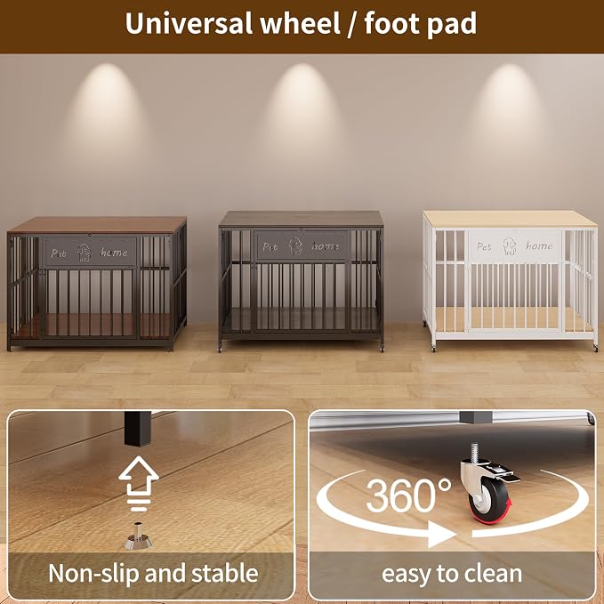 31.5" Foldable Dog Crate Furniture for Medium Dogs, Walnut | Wooden Construction, RGB Ceiling Lights, Silent Casters, End Table TV Stand