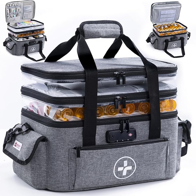 BAGSFY 3-Tier Medicine Organizer with Combination Lock – Large Medicine Bag, Empty First Aid Kit Case, Pill Bottle Medical Supply Organizer, Travel Prescription Bag, Medication Storage Container