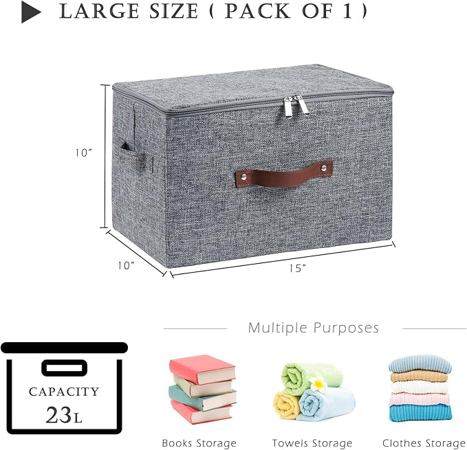 Storage Bins with Zipper Lids Decorative Lidded Baskets Boxes | Clothes Container, Closet Shelf Organizer, Foldable Washable, Cotton Linen Fabric, w/ PU Leather Handles, Gray, Large