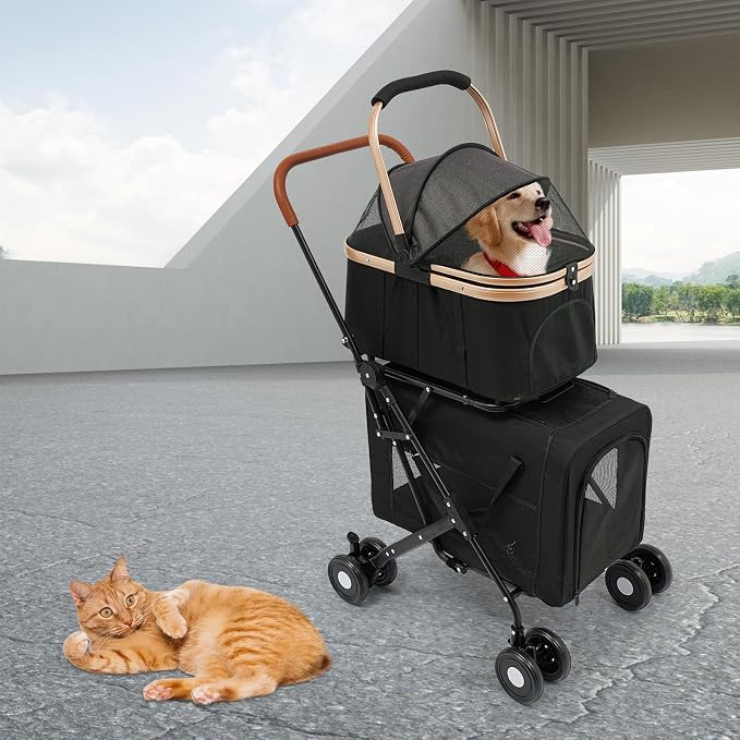 Pet Stroller for Small Medium Dogs Up to 77lbs, Folding Pet Carriage Cart for Dogs Cats, 360° Swivel Front Wheels Portable Cat Puppy Jogging Stroller with Storage Pocket & Safety Lock