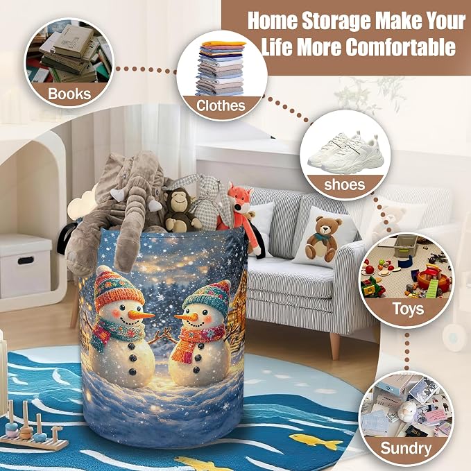 Cute Snowman Laundry Basket,Christmas Laundry Hamper Waterproof Oxford Cloth Tote Bag,Clothes Storage Bucket Decorative Toy Organizer for Bathroom Bedroom 16" x 20.8"