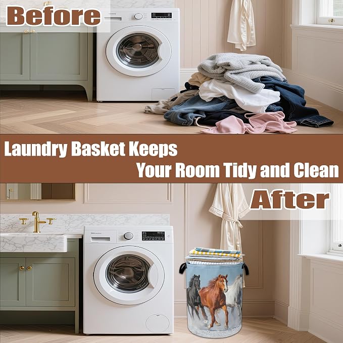 Horses Gallop Laundry Hamper,Laundry Baskets,Waterproof Oxford Cloth Toy Storage for Bedroom,Bathroom,Nursery,16x20.8 Inch