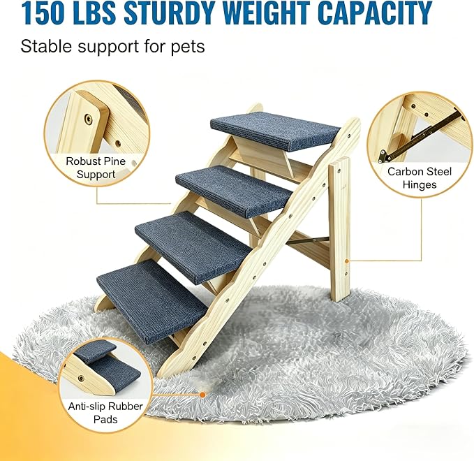 Wooden Pet Stairs, 2-in-1 Folded Pet Steps for Beds, Anti-Slip Dog Ramp with 4 Steps for Small Medium Large Pet, up to 150 lbs
