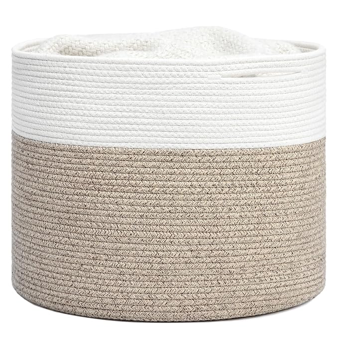 Goodpick Woven Rope Basket for Blankets Fit Nursery & Living Room, 45L | 15.8 x 15.8 x 13.8 In Storage Basket for Toys Shoes, Cute Baby Laundry Hamper for Towels, Clothes, Light Brown